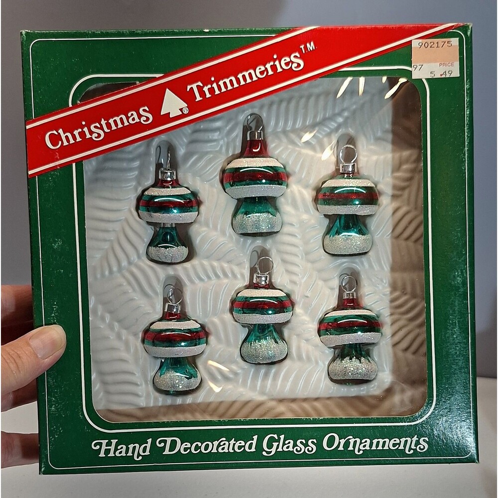 Vtg Bradford Christmas Trimmeries Glass Ornaments Set 6 Red Green Hand Decorated